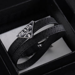 Double Black leather enamel label bracelet