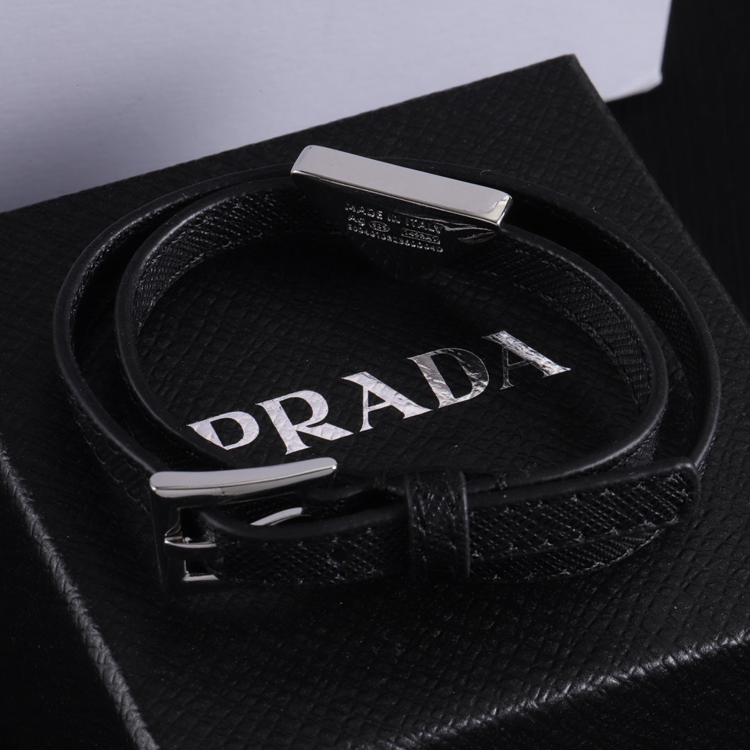 Double Black leather enamel label bracelet