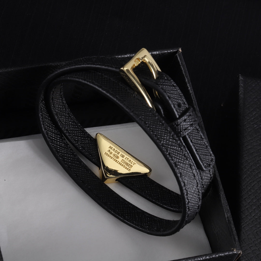 Double Black leather enamel label bracelet