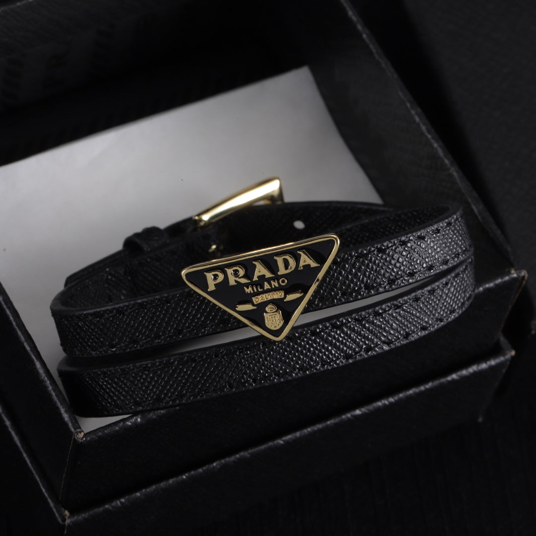 Double Black leather enamel label bracelet