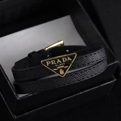 Double Black leather enamel label bracelet