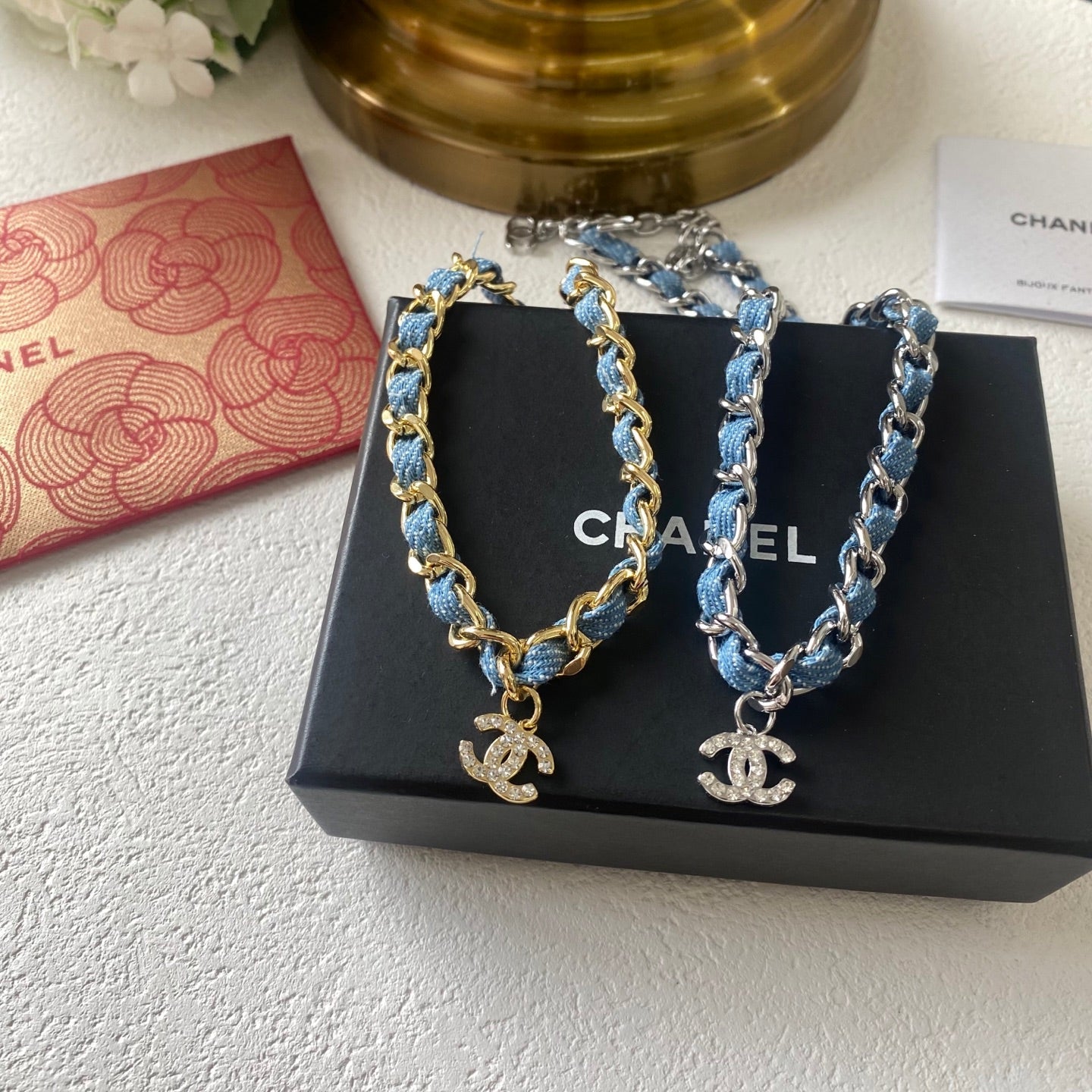 Denim leather choker