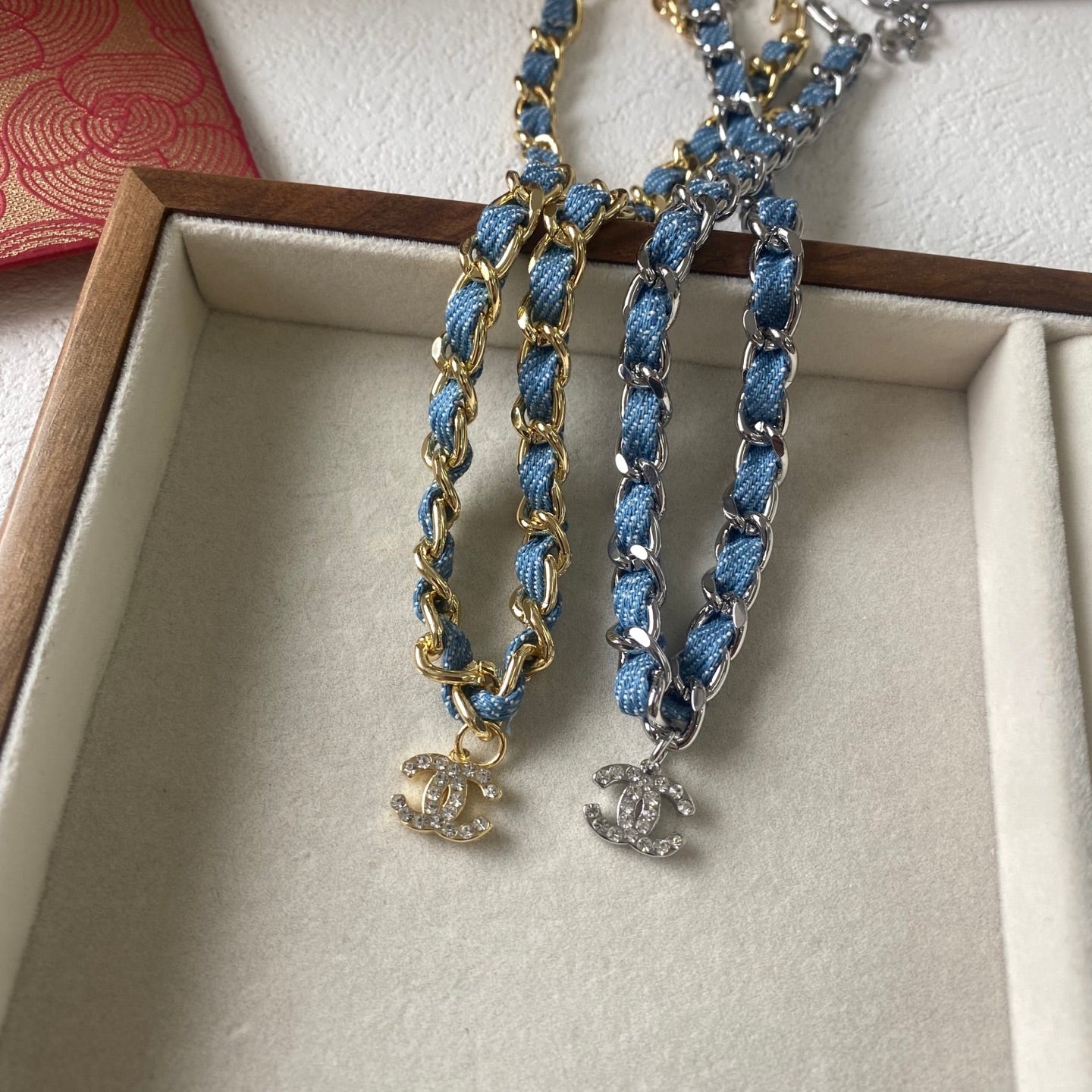 Denim leather choker