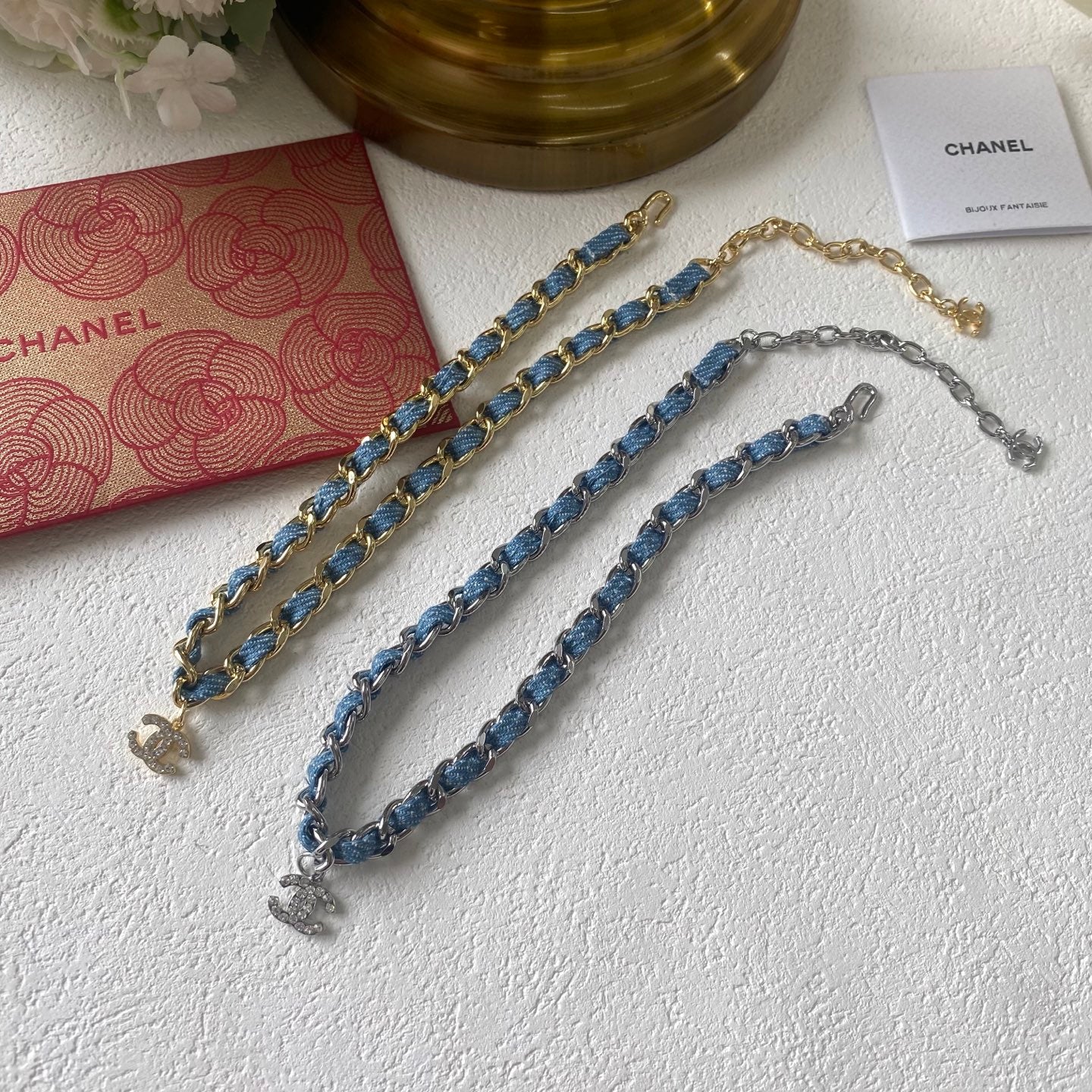 Denim leather choker