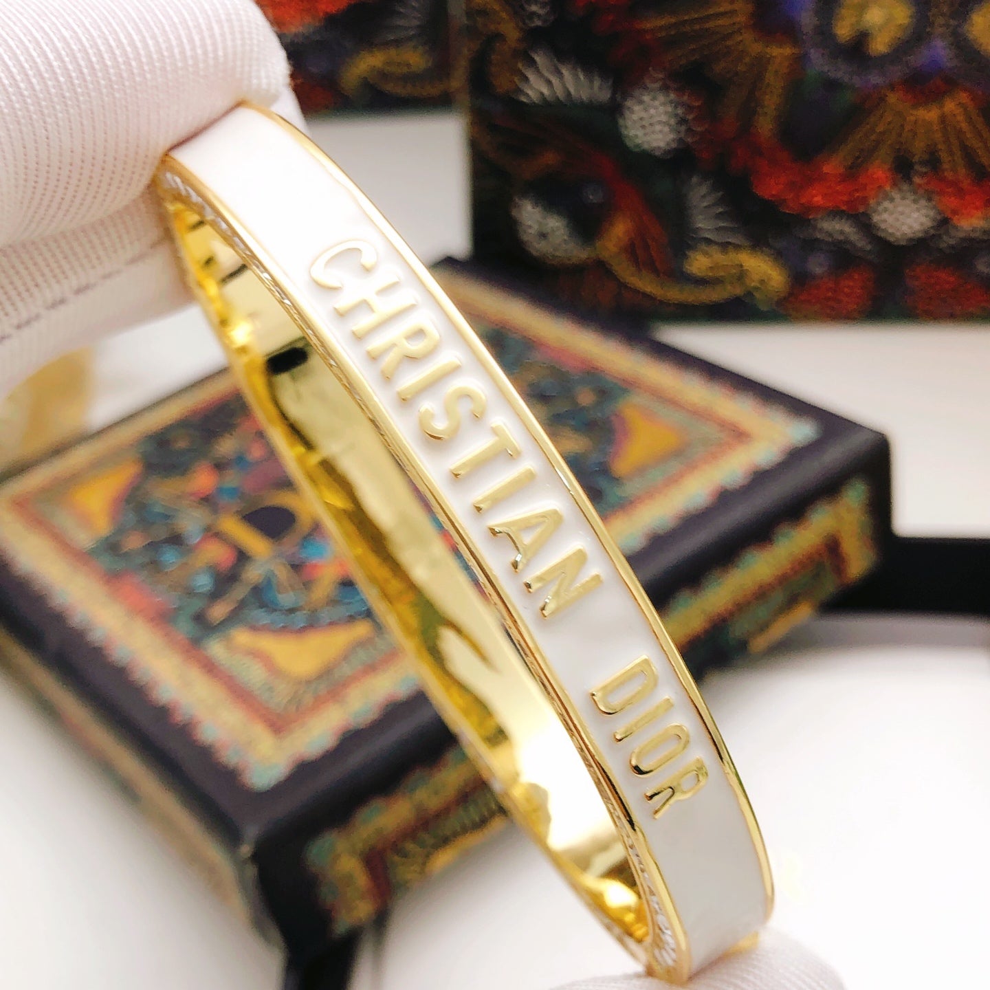 Diamond Gold-Finish Metal and White Lacquer Bracelet