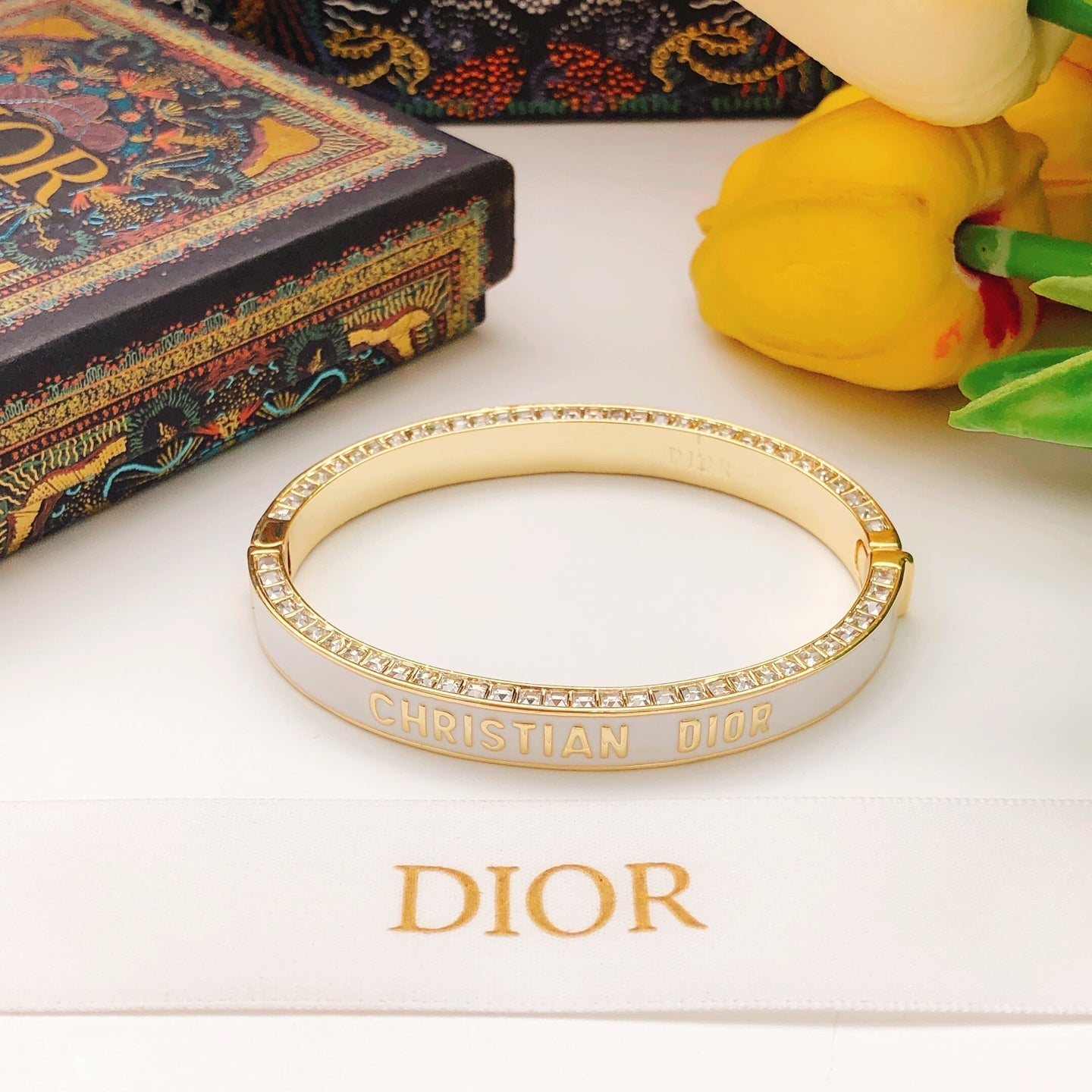 Diamond Gold-Finish Metal and White Lacquer Bracelet