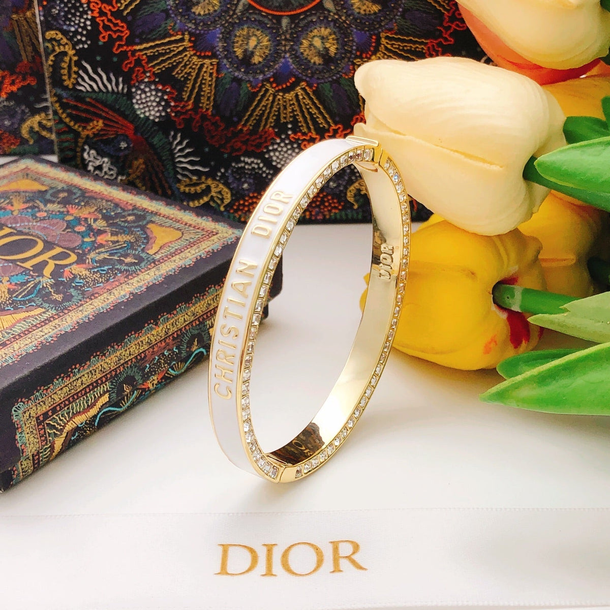 Diamond Gold-Finish Metal and White Lacquer Bracelet