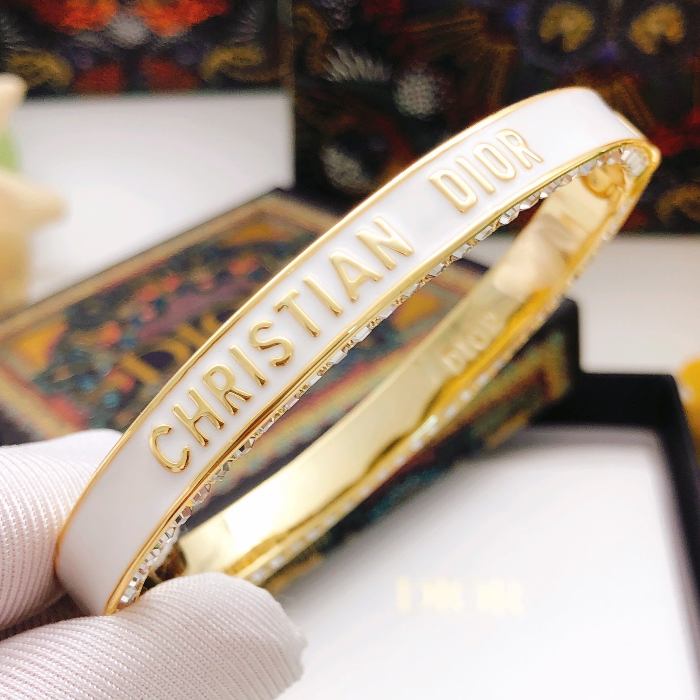 Diamond Gold-Finish Metal and White Lacquer Bracelet