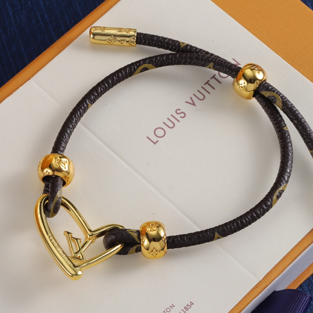 3-color metal heart charm leather bracelet
