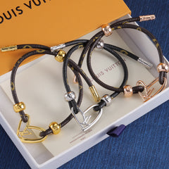 3-color metal heart charm leather bracelet