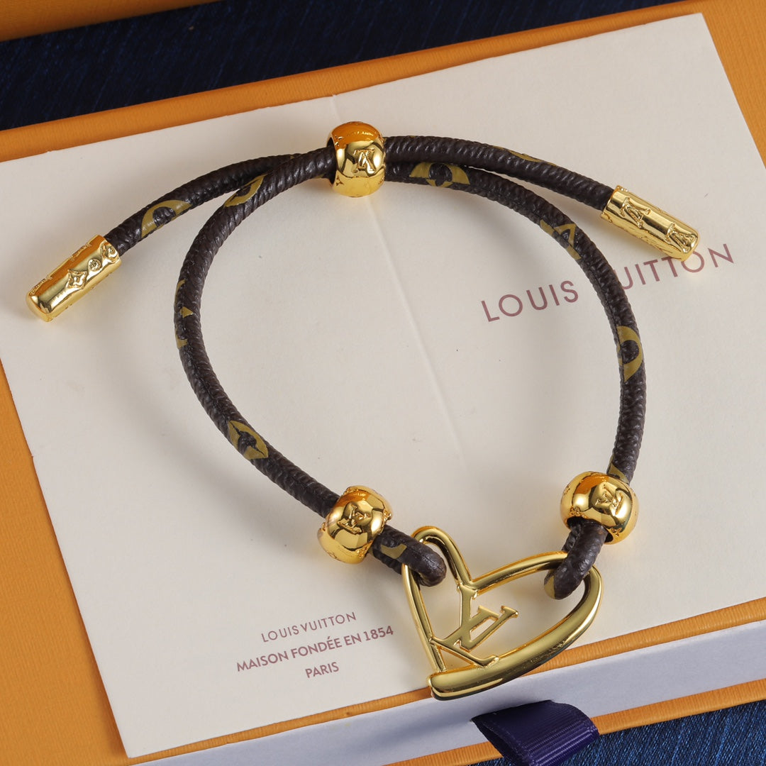 3-color metal heart charm leather bracelet