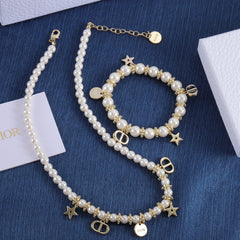 Elegant Gold Charms Pearl Bracelet & Necklace