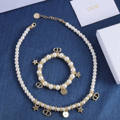 Elegant Gold Charms Pearl Bracelet & Necklace