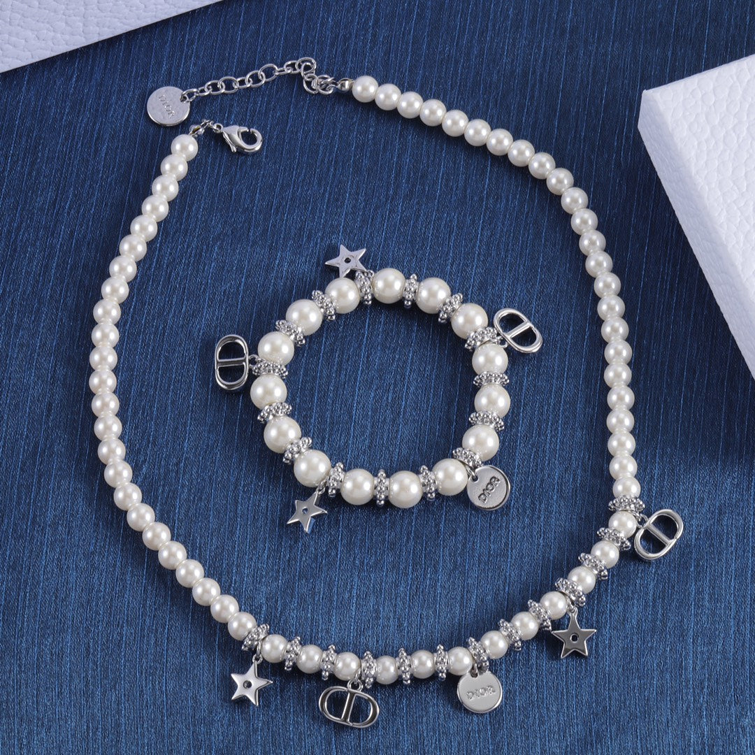 Elegant Silver Charms Pearl Bracelet & Necklace