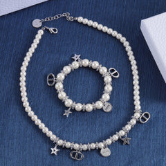 Elegant Silver Charms Pearl Bracelet & Necklace